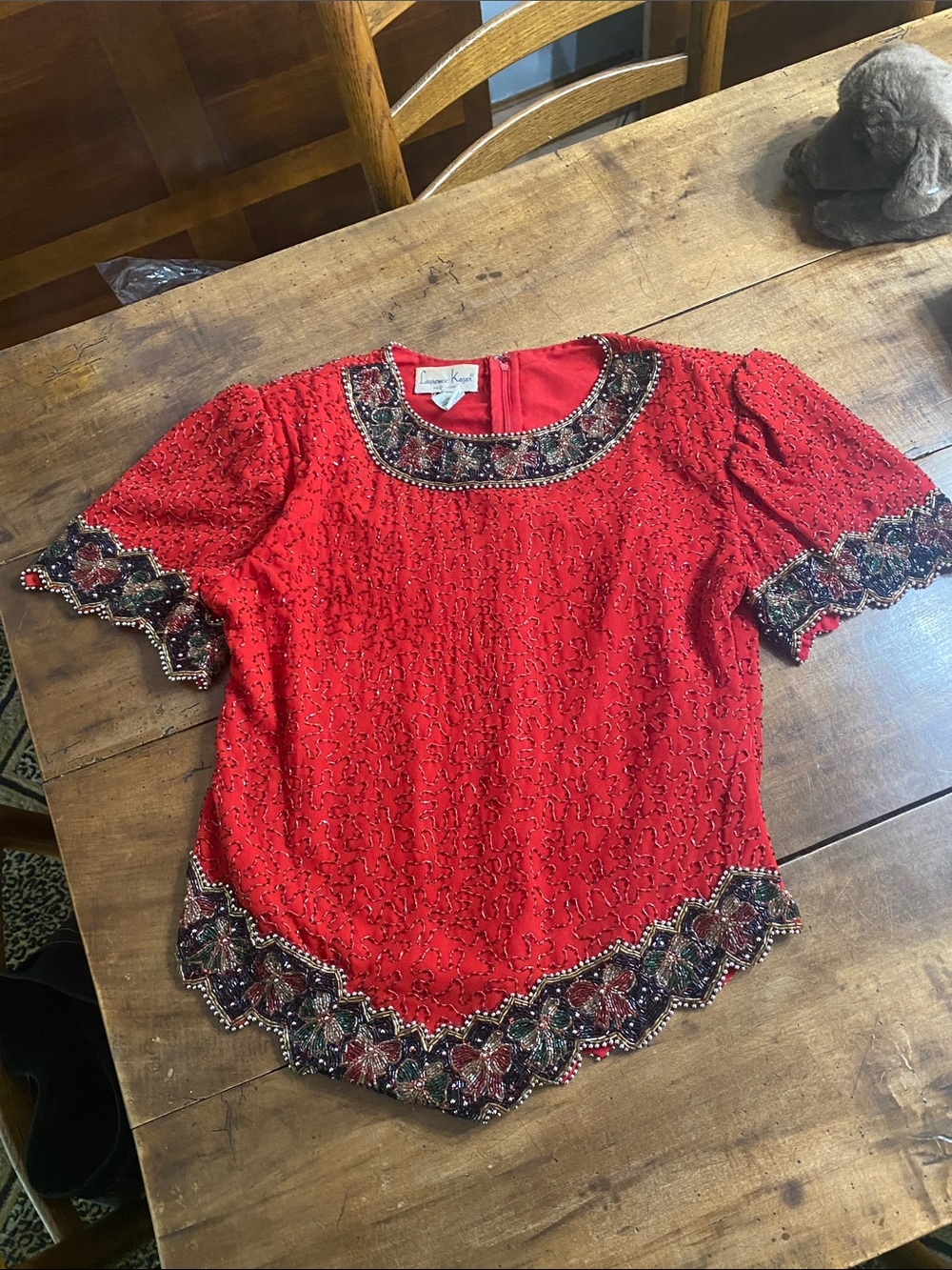 Laurence Kazar Vintage Red Beaded Short Sleeve Blouse with Scalloped Hem Vintage